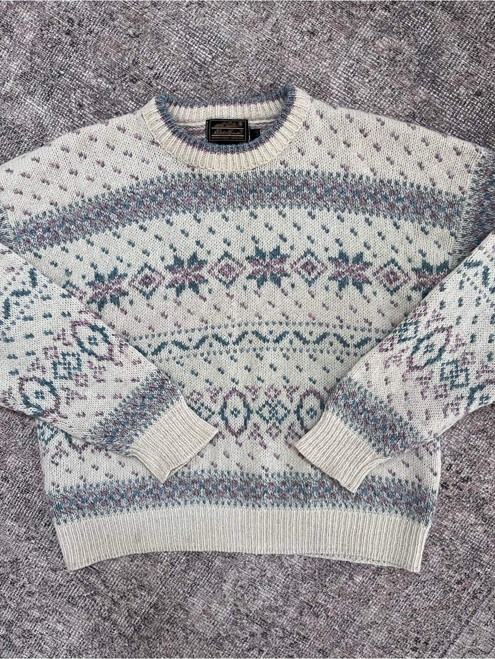 Vintage 90s 85% Wool Eddie Bauer Cream Crewneck Sweater Winter Fair Isle